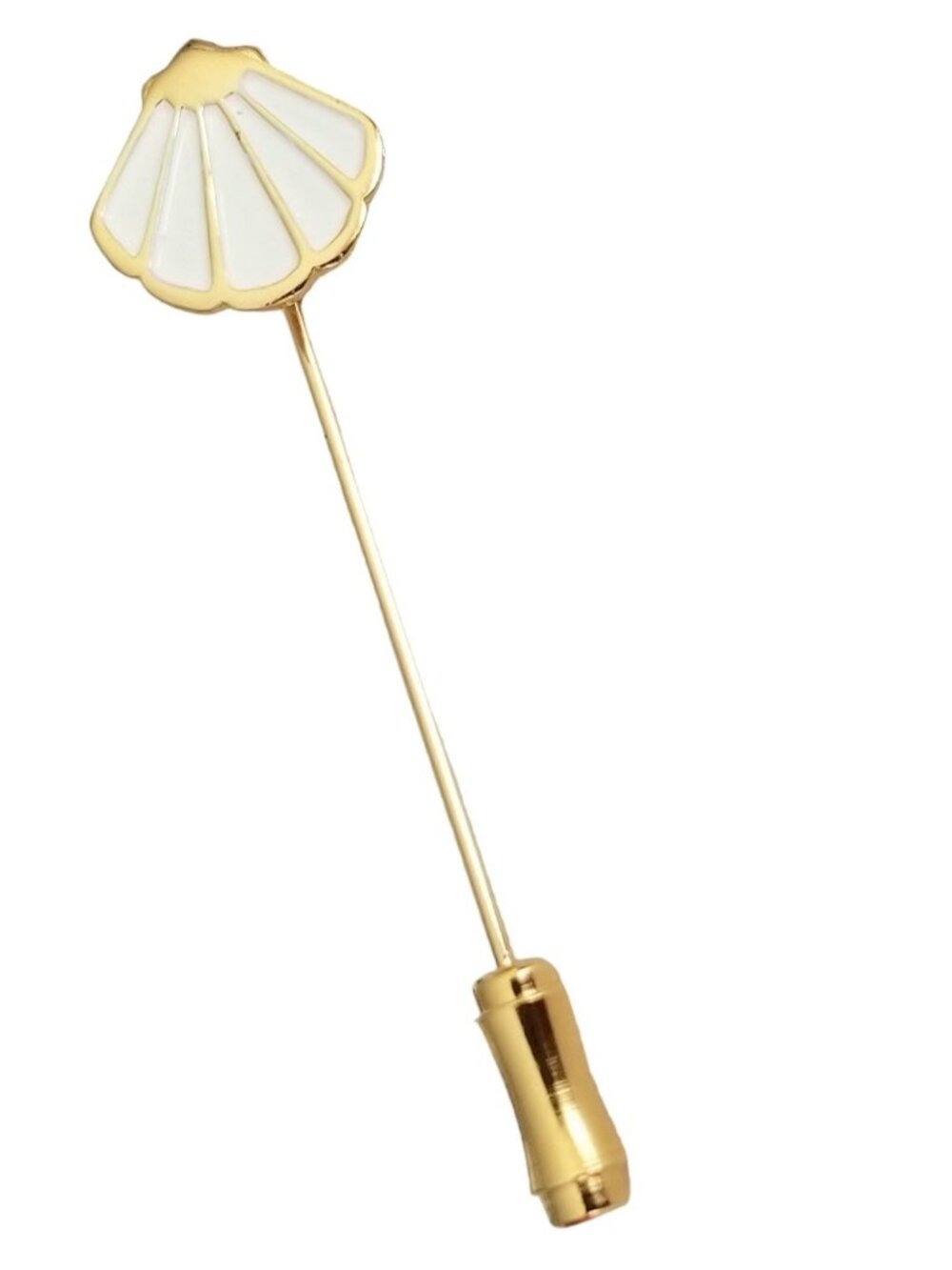 Trifari Gold Tone White Enamel Clam Shell Stick Lapel Pin, Signed M35